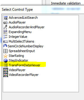 Choosing TransFormDataViewer from the additional controls list